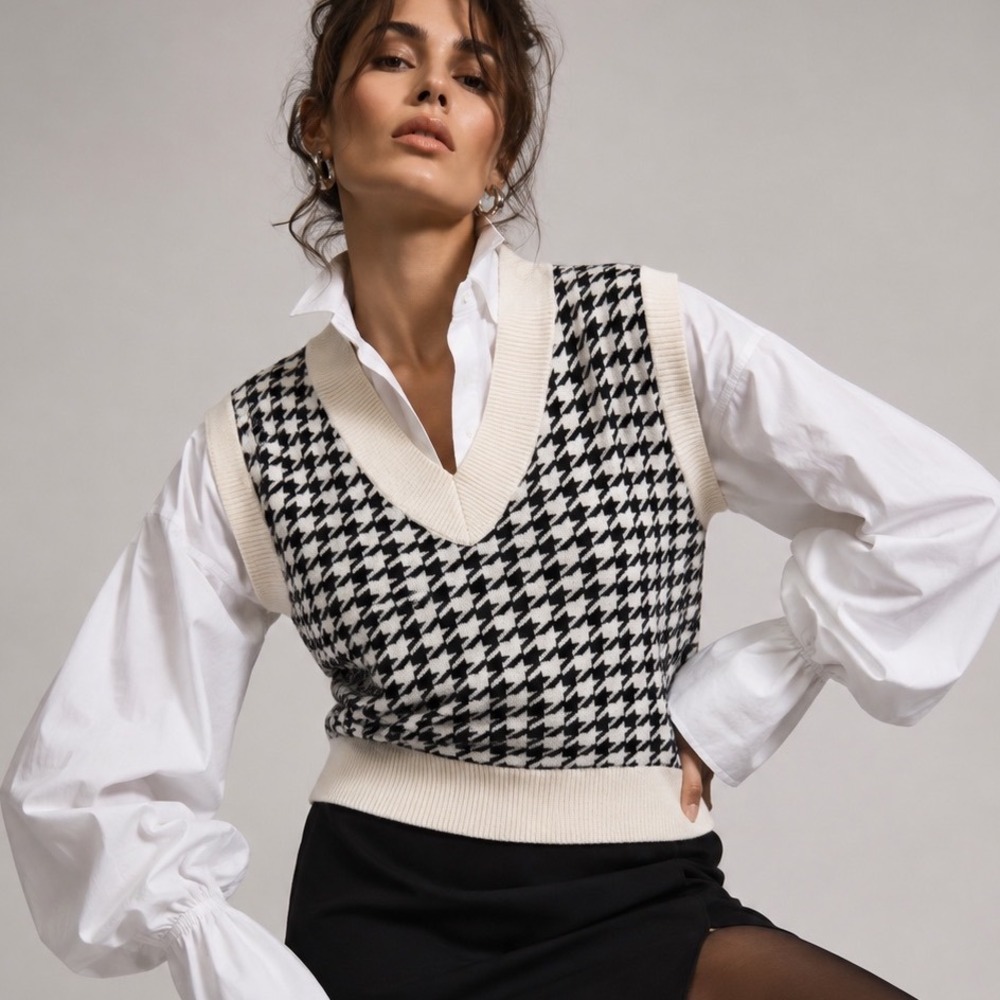 Simplee Womens Houndstooth Sweater Vest Black White V-Neck Knit One Size